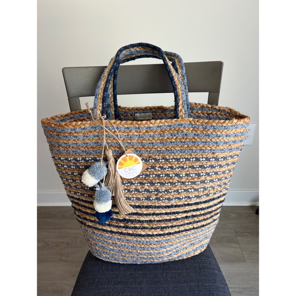 C&C California Handbags - Nalini C&C California Home Blue Striped Braided Jute Tote Bag with Pom Poms NWT